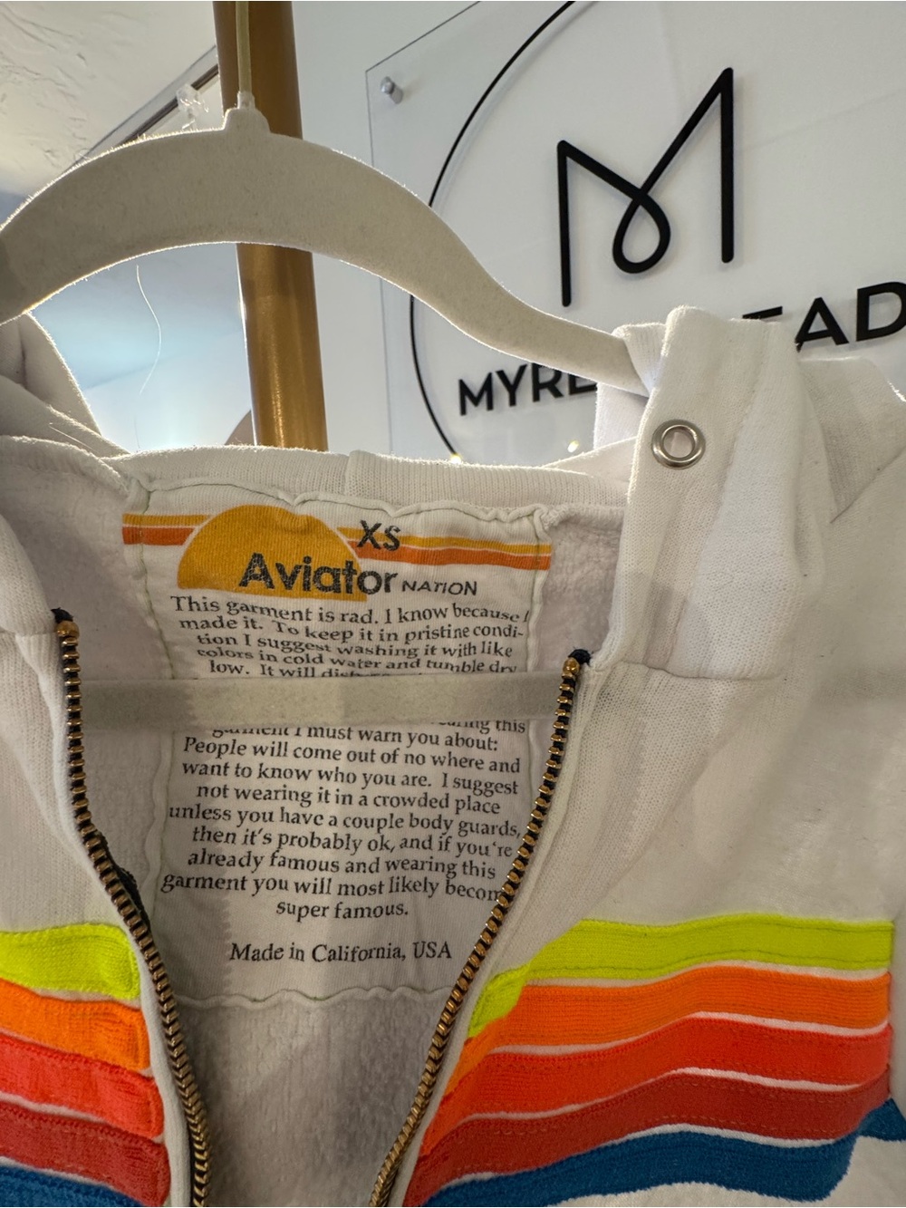Aviator Nation White Hoodie with Rainbow Stripe Accents Size XS Fair Condition - Picture 6 of 9